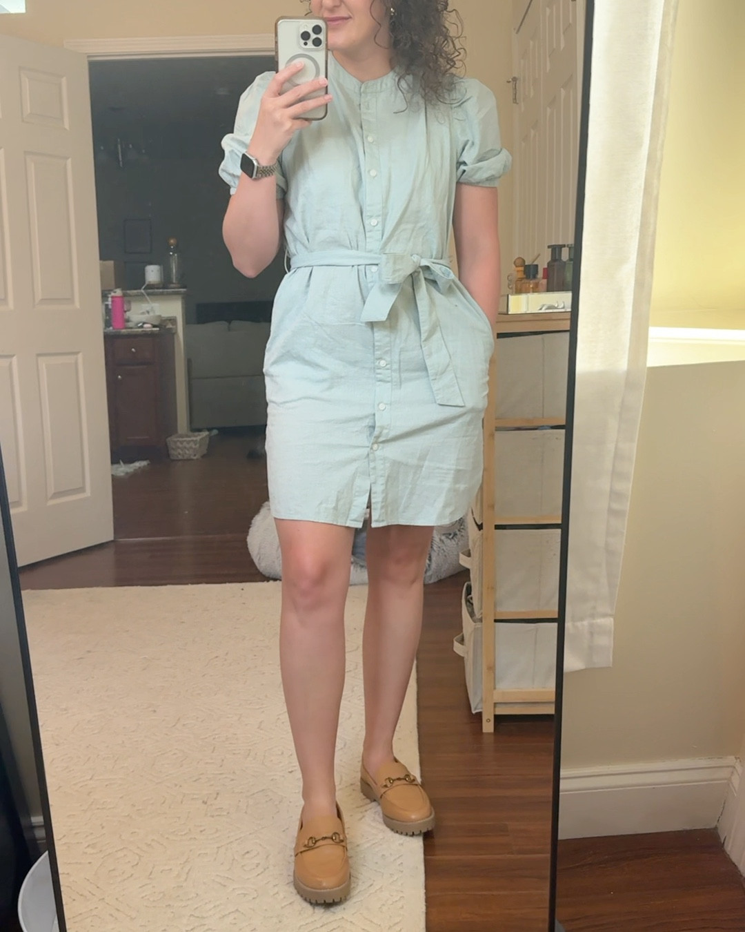 This sage green Gap linen-cotton puff sleeve dress is on sale for 60% off (only $30!!) wearing a size S but could have sized up.  Wore it to work with a pair of loafers 🤍 

#LTKSaleAlert #LTKSummerSales #LTKWorkwear