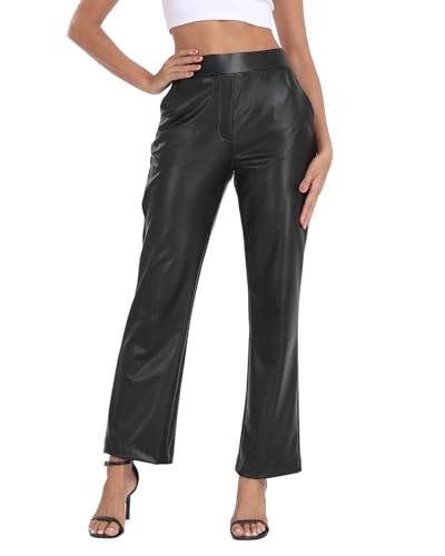 Women's Pull On Faux Leather Pants Black High Waisted PU Leather Kick Flare Pants with Pockets | Amazon (US)