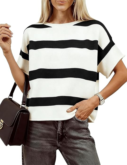 Striped Short Sleeve Sweater for Women Crewneck Knit Tops | Amazon (US)