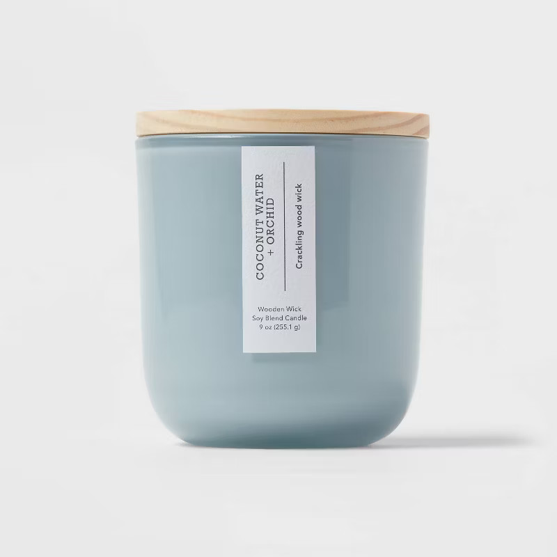 Round Base Glass Candle with Wooden Wick Coconut Water & Orchid Blue - Threshold™ | Target