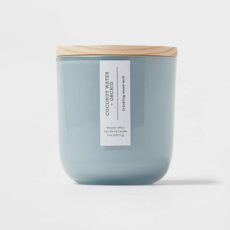 Round Base Glass Candle with Wooden Wick Coconut Water & Orchid Blue - Threshold™ | Target