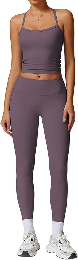 Womens Workout Sets Two Piece Cross Back Tank Top Matching High Waist Leggings Sets Gym Outfits W... | Amazon (US)