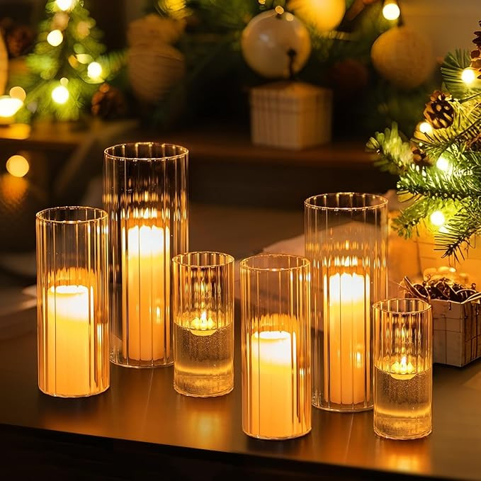 Hewory Glass Cylinder Ribbed Vases Set of 6, Tall Clear Vase for Centerpieces, Hurricane Candle H... | Amazon (US)