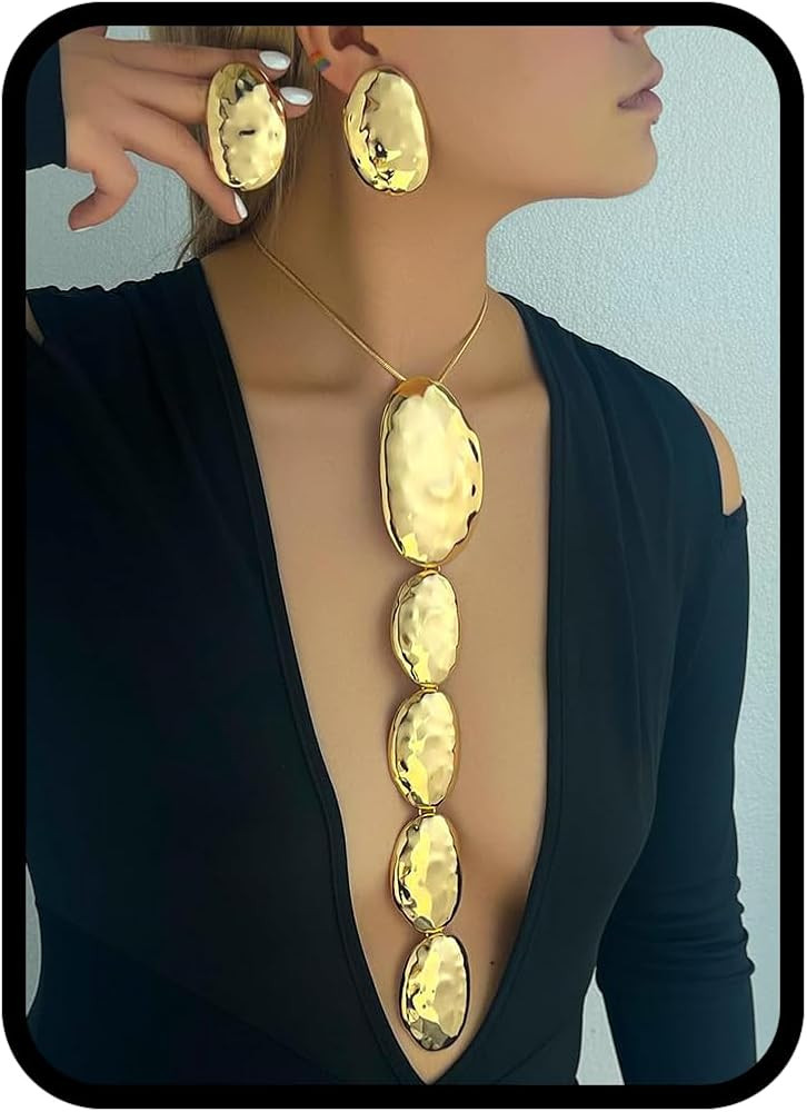 Chunky Statement Jewelry Set \u2013 Oversized Geometric Hammered Gold Earrings and Pendant, Trend... | Amazon (US)