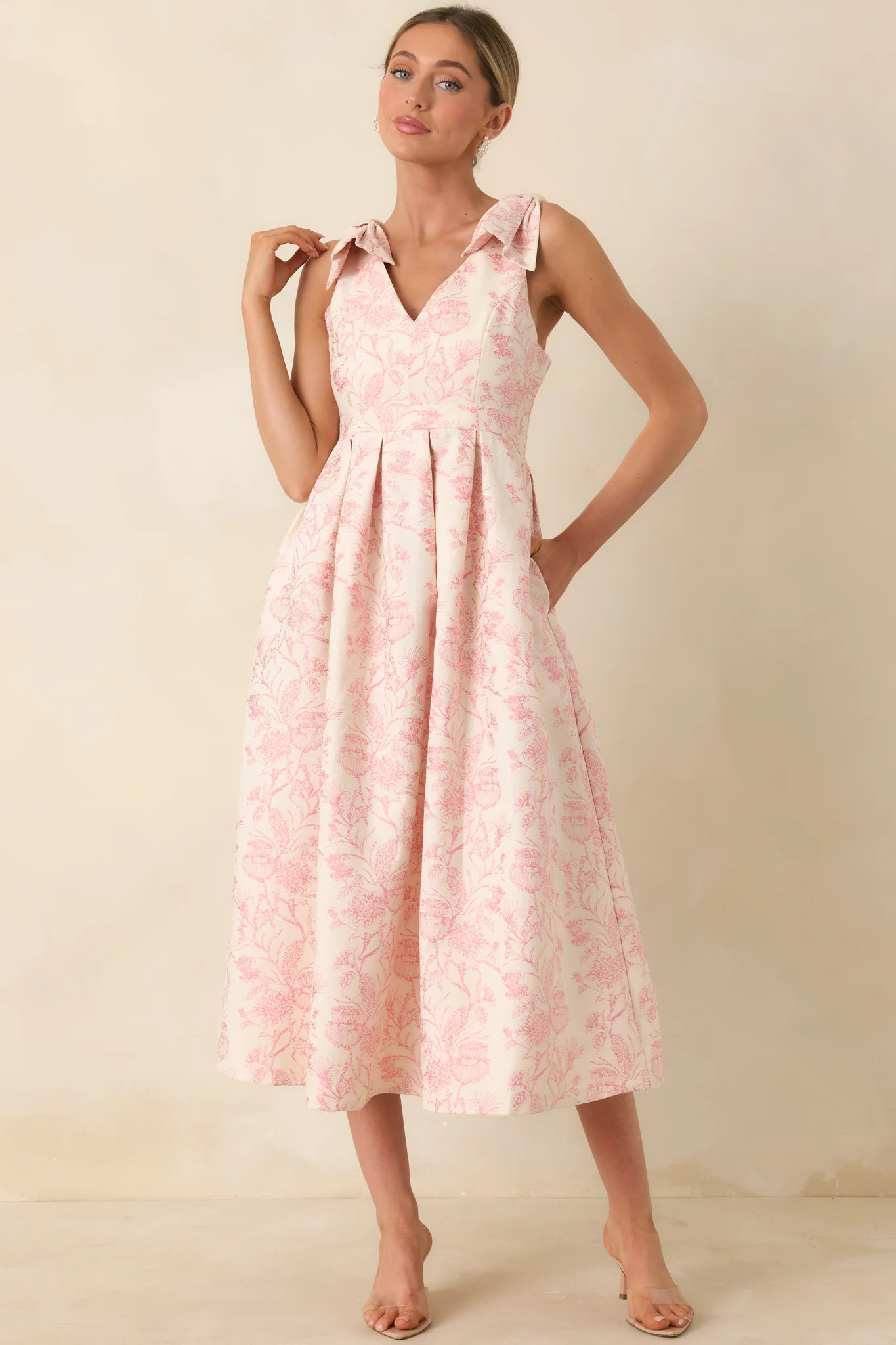 Tie It Up Pretty Pink Floral Bow Strap Midi Dress | Red Dress