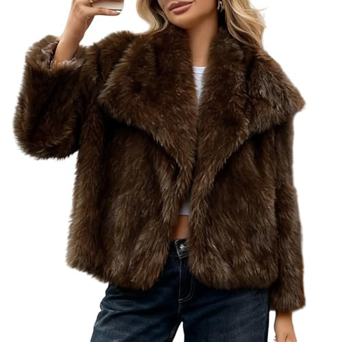 ALSOGO Women's Faux Fur Coat Fluffy Shaggy Jacket Lapel Open Front Long Sleeve Jackets Winter Warm Furry Overcoat Brown M | Amazon (US)