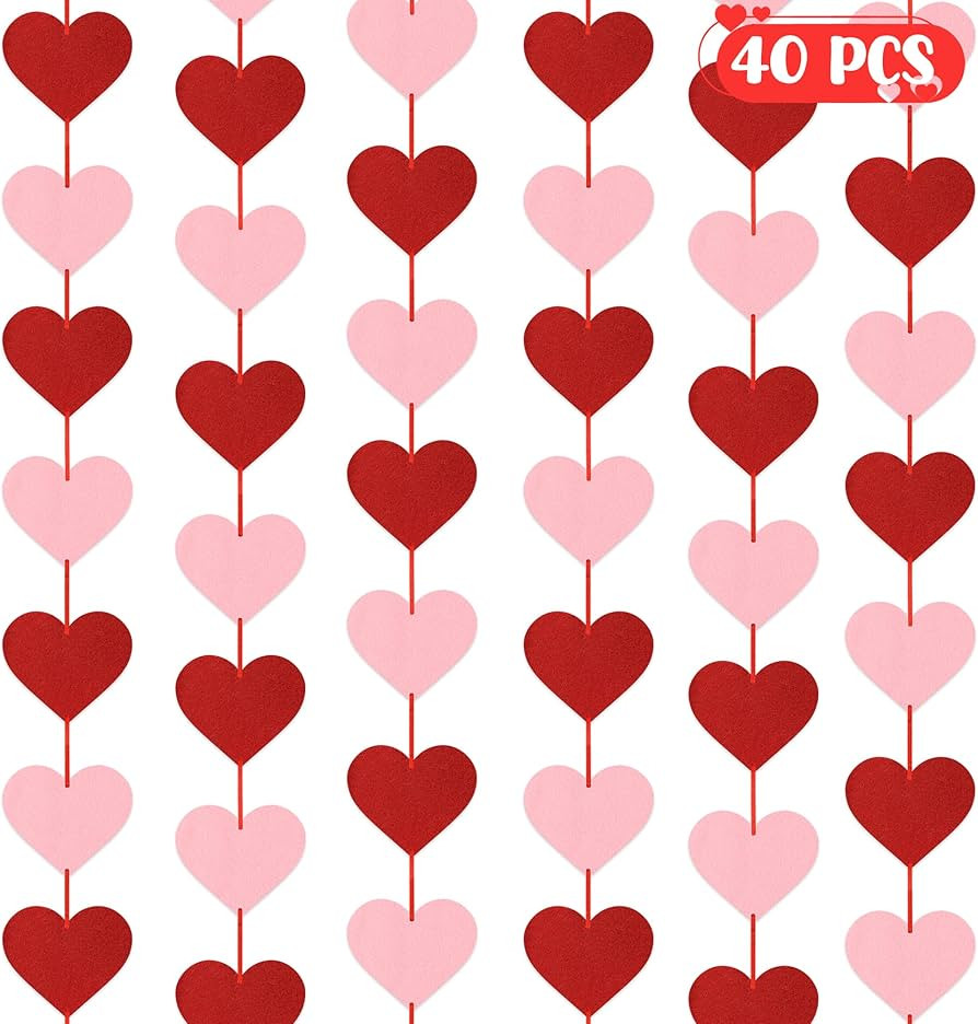 4PACK Valentine's Day Garland, 40PCS Hearts, Felt Decorations, Red Pink Banner Pre-Assembled Vert... | Amazon (US)
