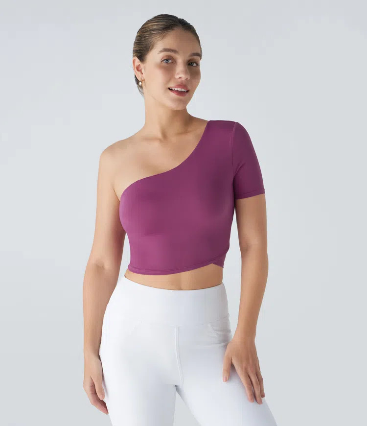Women’s Softlyzero™ One Shoulder Short Sleeve Backless Cropped Yoga Sports Top-UPF50+ - Halar... | HALARA