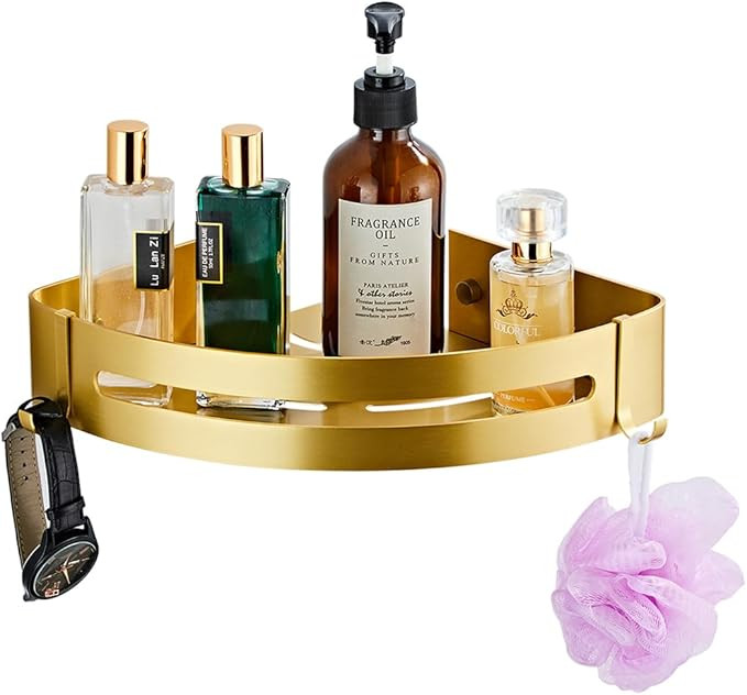 Brushed Gold Bathroom Corner Shelf Wall Mount Shower Organizer Shampoo Holder with Hooks,Adhesive... | Amazon (US)