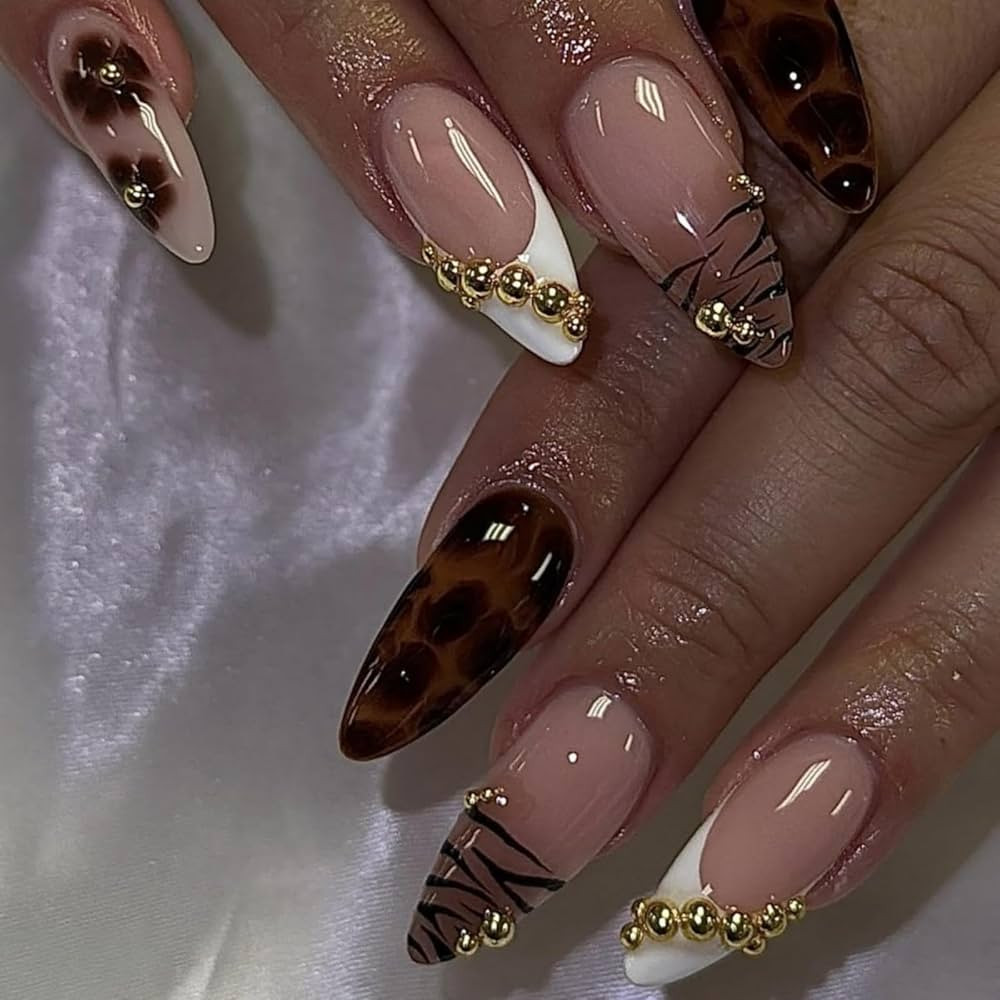 French Tips Press on Nails Medium Almond Nails Press on with 5D Rhinestones Flower Charm Design G... | Amazon (US)