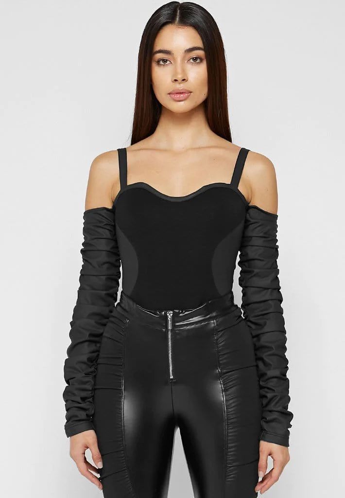 Tacked Sleeve Bustier Bodysuit - Black | Maniere De Voir
