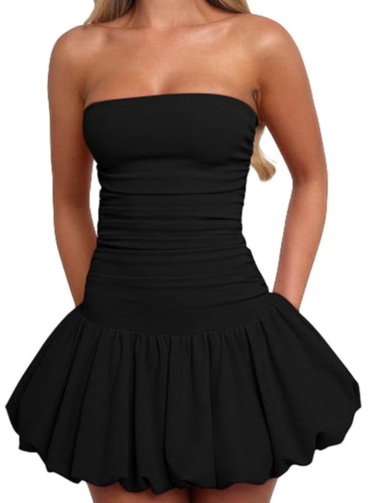 BEAGIMEG Women's Sexy Bodycon Ruched Strapless Tube Top Bubble Dress Club Party Mini Dress | Amazon (US)