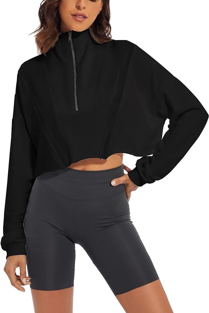 MISSACTIVER Women Casual Half Zipper Patchwork Crop Sweatshirt Drop Shoulder Long Sleeve Raw Hem ... | Amazon (US)