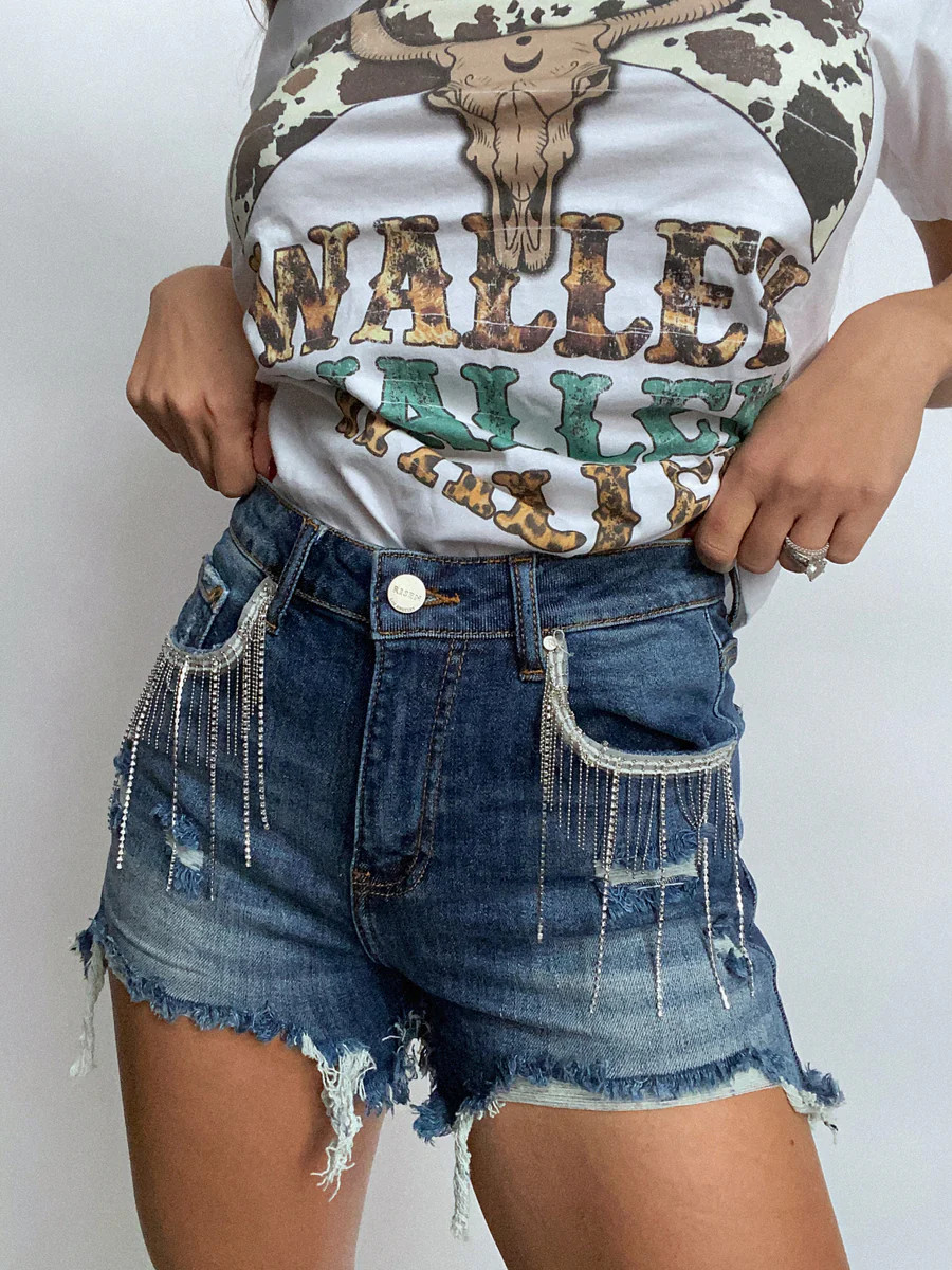 Risen Dark Wash Rhinestone Shorts | Willow Boutique
