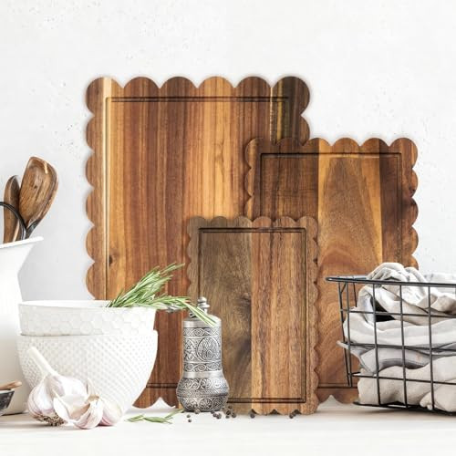 3 Pcs Acacia Wood Scalloped Cutting Boards Set, Decorative Cutting Boards Wooden Charcuterie Board for Grandmillenial Cottagecore Kitchen Decor Cheese Meat Fruit Bread Chopping Blocks (Classic Style) | Amazon (US)