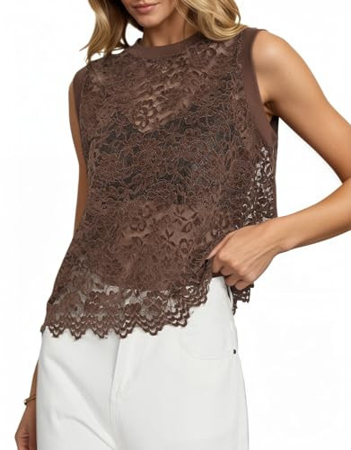 Women's See Through Lace Tops Floral Mesh Sheer Hollow Out Sleeveless Vest Crewneck Cover Up Going Out Velvet Top Brown | Amazon (US)