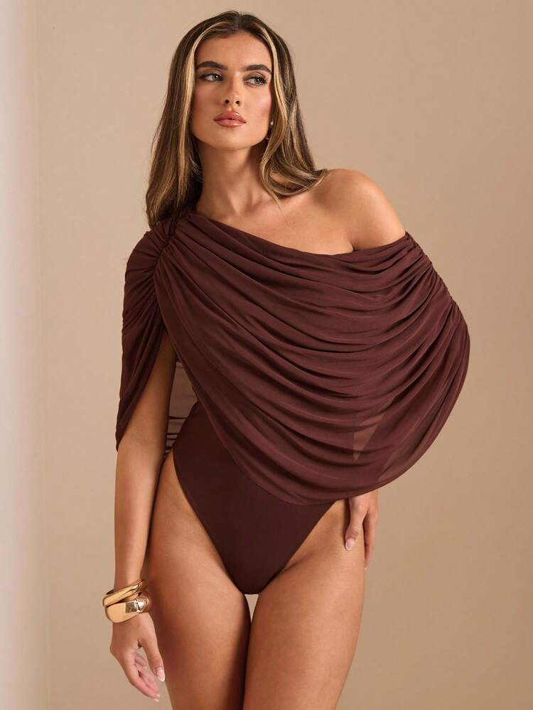 SHEIN BAE Autumn/Winter Solid Brown/Coffee Off Shoulder Ruched Fitted Elegant Bodysuit, Tight-Fitting Graceful Slim Bodysuit, Draped Top | SHEIN