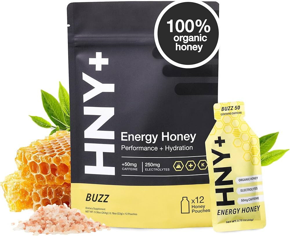 HNY+ Buzz Organic Honey Energy Gel with Electrolytes, Magnesium, Sea Salt, Potassium & Green Tea ... | Amazon (US)