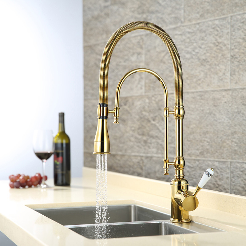 Single Handle High Arc Dual-Mode Pull-Down Sprayer Kitchen Faucet Solid Brass with Porcelain Handle in Gold & Chrome | Homary
