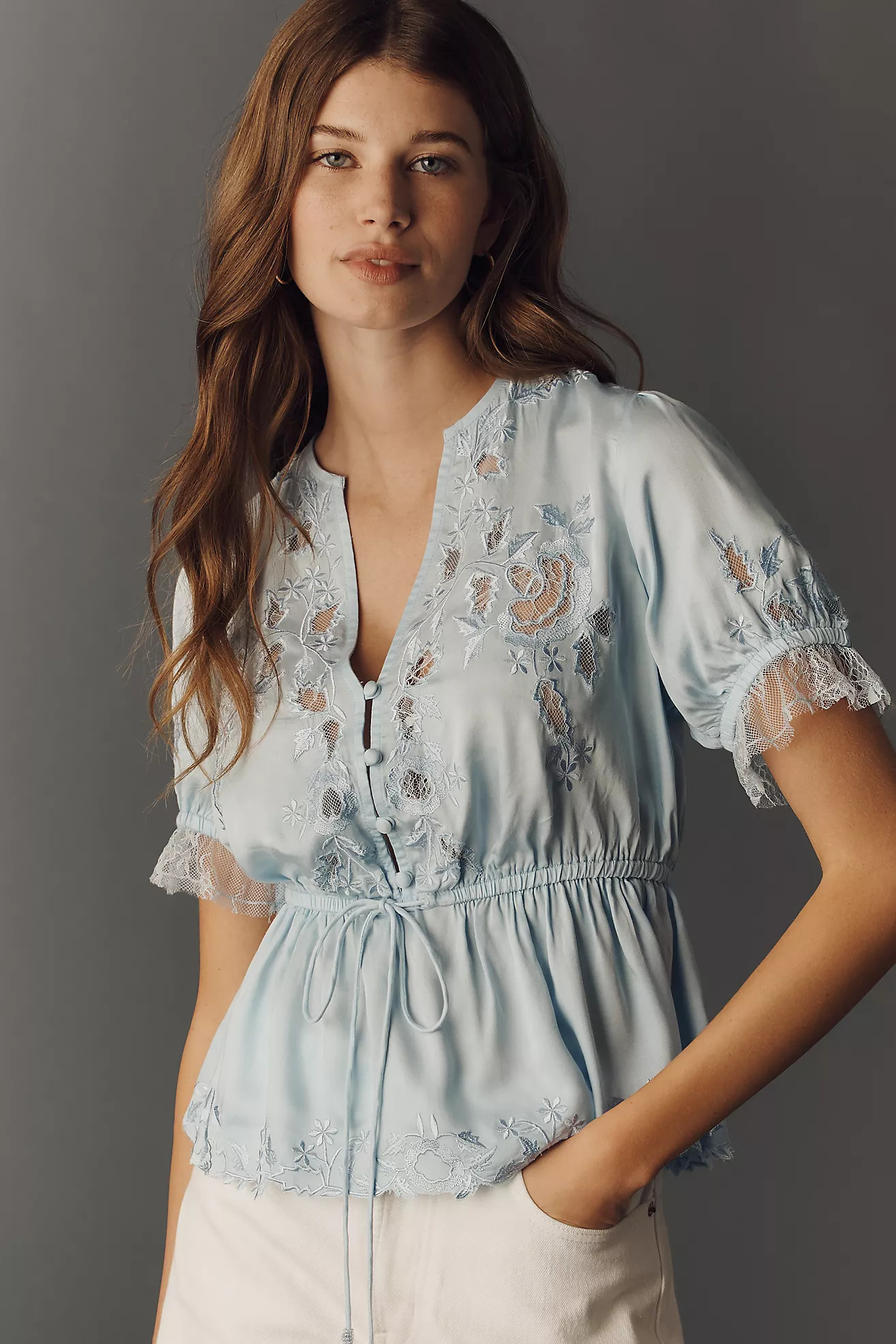 By Anthropologie Embroidered V-Neck Peplum Blouse | Anthropologie (US)