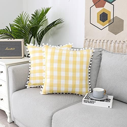 Set of 2 Yellow Retro Farmhouse Buffalo Plaid Throw Pillow Covers with Pompoms, Gingham Check Squ... | Amazon (US)