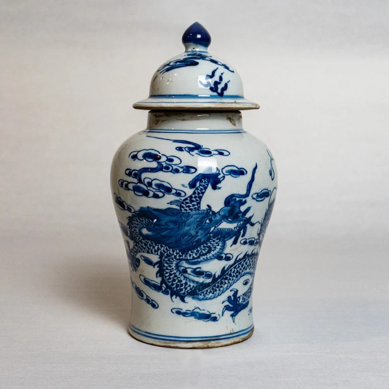 Chinoiserie Large Blue and White Porcelain Antique Ginger Jar With Lid Hand Painted Qilin Dragon ... | Etsy (US)