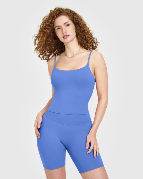 SoftMotion™ Strappy Mid Vest with Built in Bra Shelf with White Logo 
 Glaucous Blue | Oner Active (UK / US)