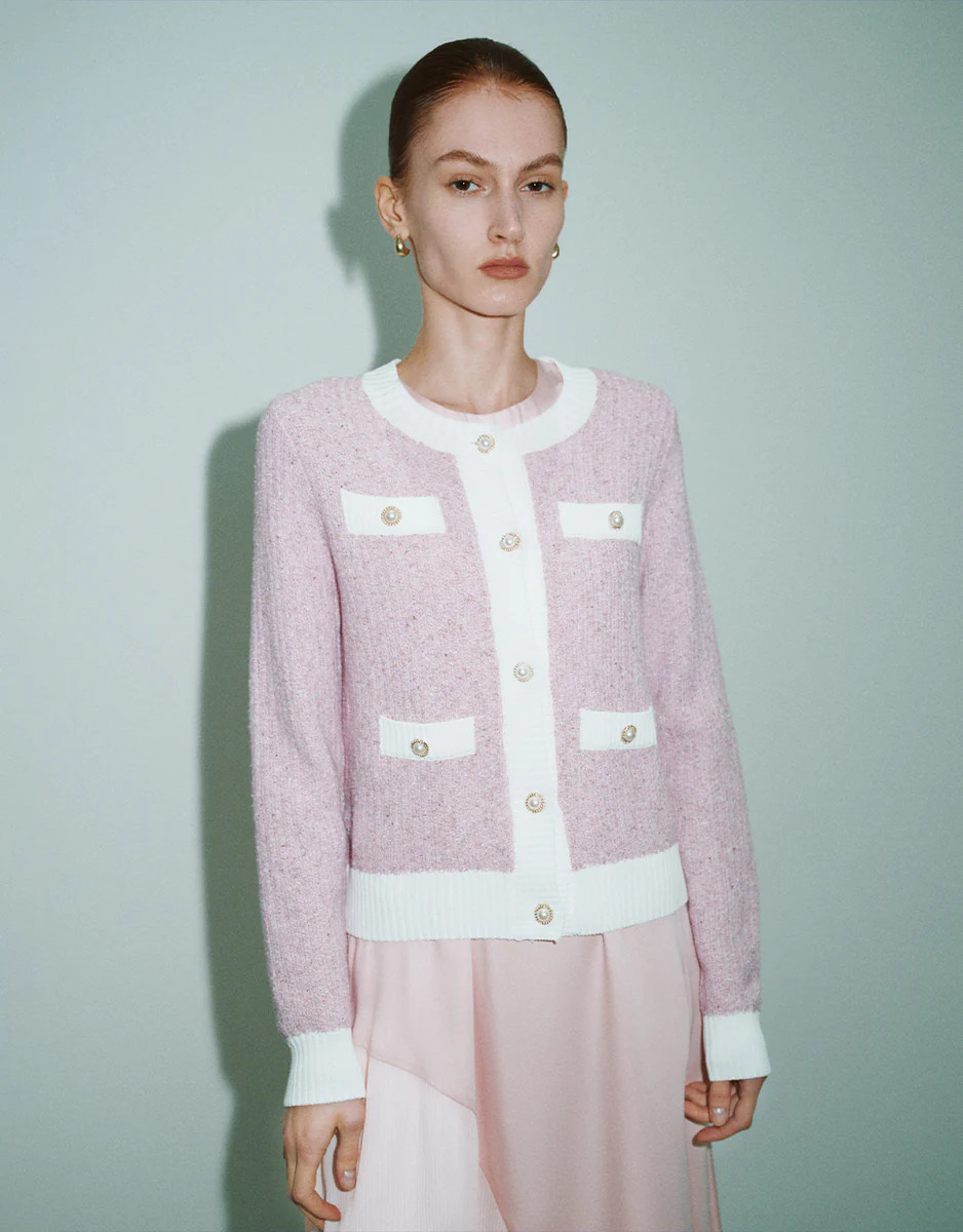 Cardigan tricoté à col ras du cou en tweed | Urban Revivo