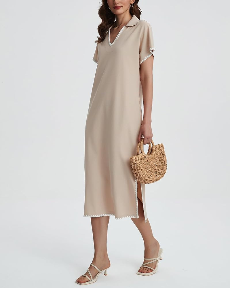 Women's Polo V Neck Midi Dress Short Sleeve RIC Rac Loose Split Long Shirt Dress Khaki | Amazon (US)