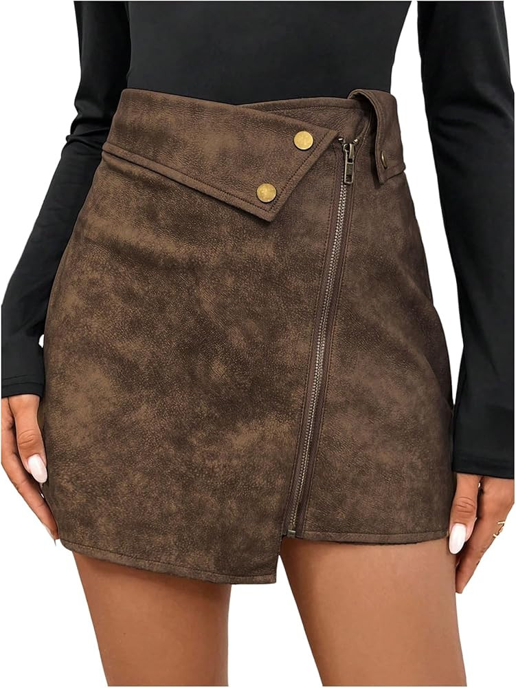 Floerns Women's Vintage Leather Skirts Zip Up High Waist Asymmetrical Hem Mini Skirts | Amazon (US)
