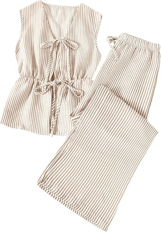 Women's Striped 2 Piece Set Tie Front Peplum Tank Tops and Wide Leg Pants Sets Khaki Small | Amazon (US)
