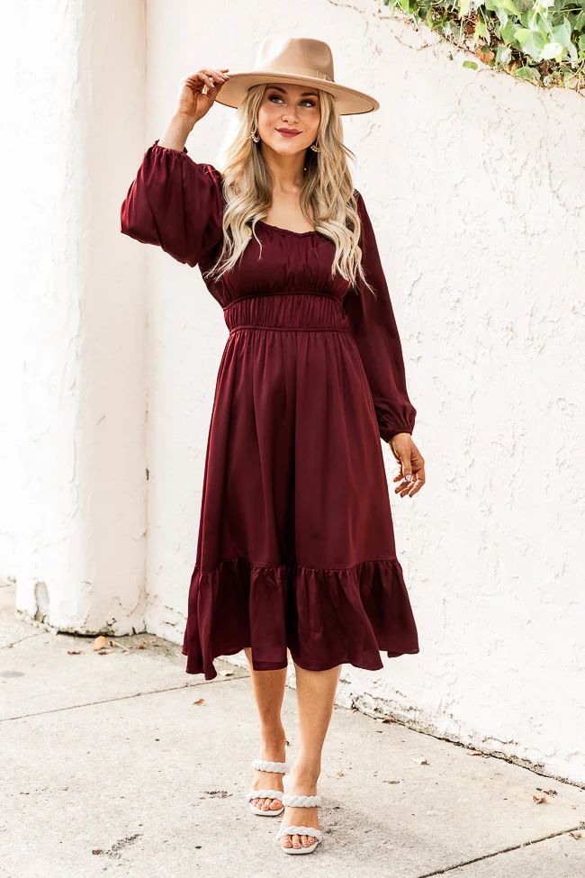 Longing For More Wine Satin Midi Dress | Pink Lily