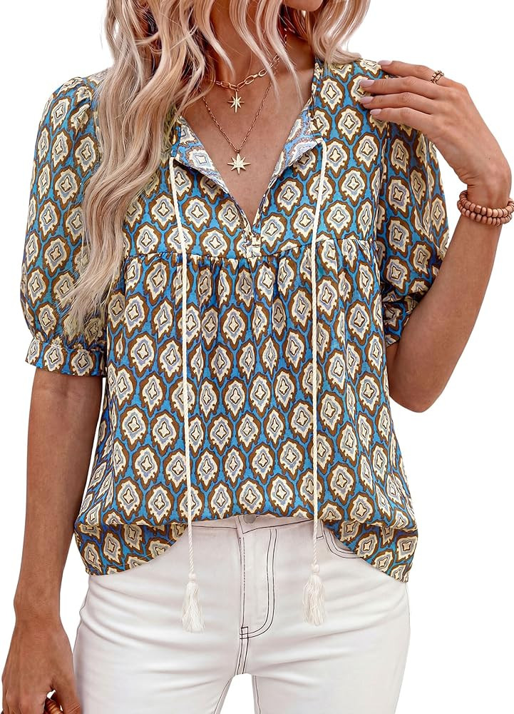 PRETTYGARDEN Womens Summer Boho Tops 2026 Vacation Outfits Casual Tie Front V Neck Peasant Blouse... | Amazon (US)