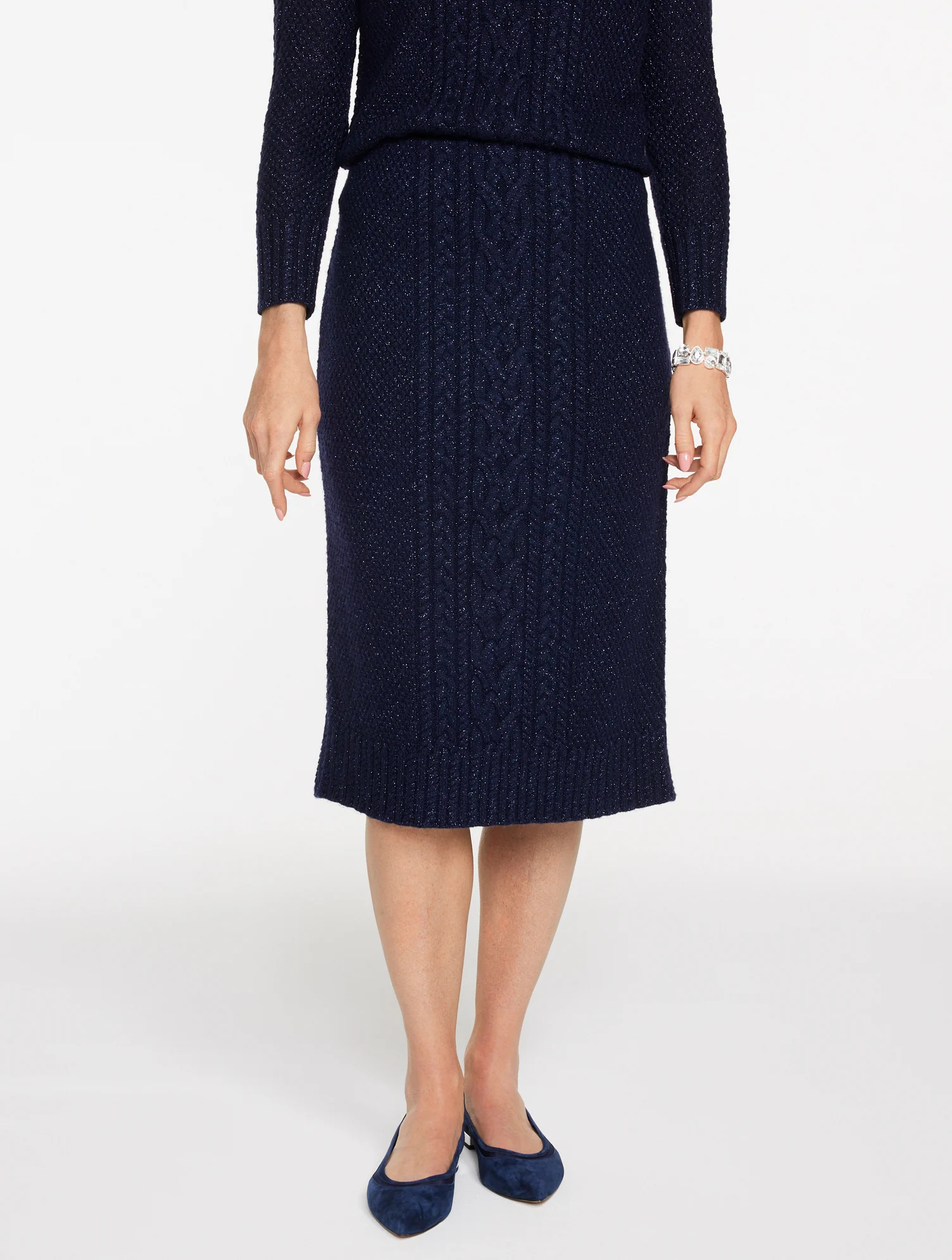 Metallic Mixed Cable Midi Skirt - Blue - XS Talbots | Talbots