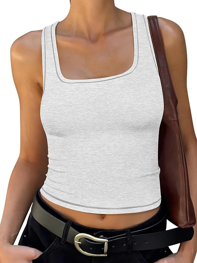 Caracilia Tank Top for Women Summer Square Neck Sleeveless Ribbed Fitted Crop Tops 2025 Basic Wor... | Amazon (US)