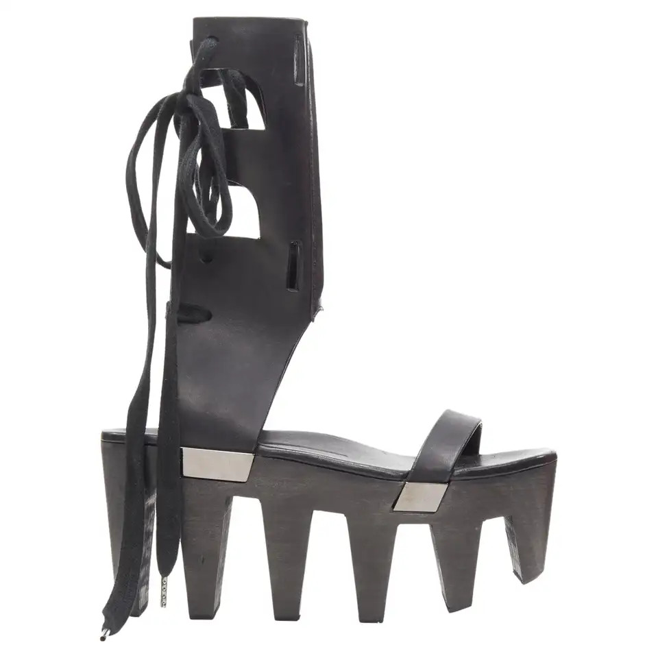new RICK OWENS 2015 Faun Runway black Geta comb wood sole clog sandals EU38 US8 | 1stDibs