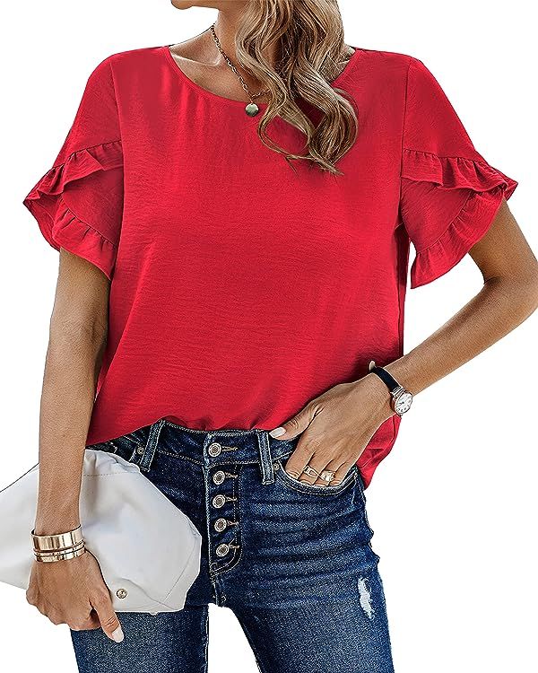 PRETTYGARDEN Women's Shirts Summer Casual Crewneck Lace Crochet Short Sleeve Blouses Cute Floral ... | Amazon (US)