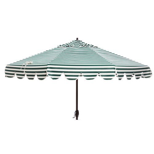 Phoebe Scallop-Edge Patio Umbrella, Green Stripe | One Kings Lane