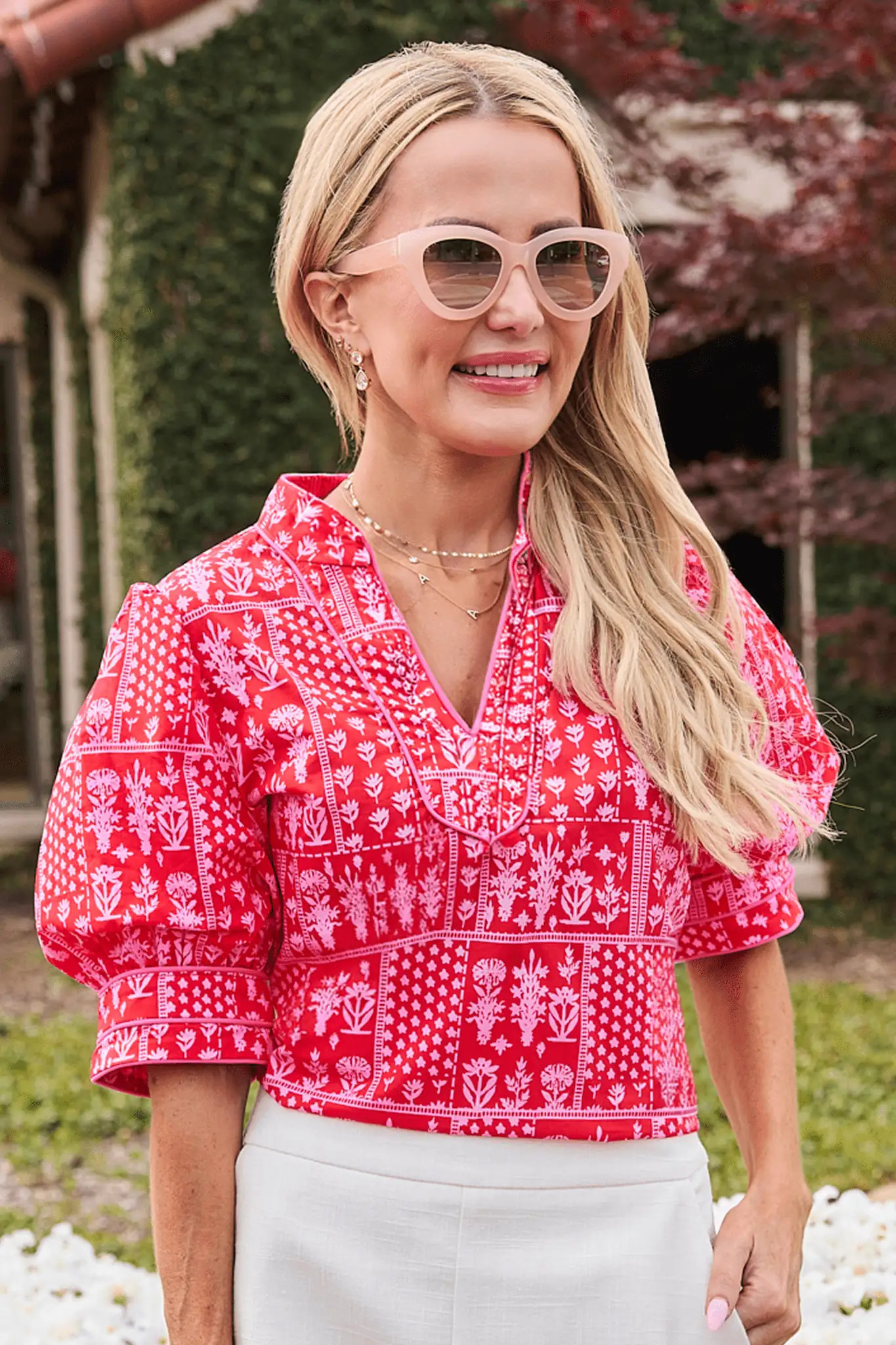 Dakota Red Puff Sleeve Split Neck Top | Avara