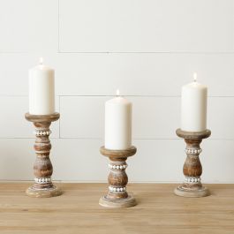 Distressed Fir Wood Beaded Candle Holder Set of 3 | Antique Farm House