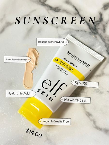 As someone who loves a good multitasking product, I was excited to try e.l.f Cosmetics' Suntouchable! Whoa Glow sunscreen, and it did not disappoint! This lightweight face sunscreen and primer hybrid delivers broad-spectrum SPF 30 sun protection while priming my skin for long-lasting makeup wear. What's more, it imparts a glowy, sheer finish with just a hint of peach-tone shimmer, perfect for that natural, dewy look. #ltkskincare #skincare #skincareroutine #beautyroutine #morningroutine #glowyskin 

#LTKtravel #LTKswim
