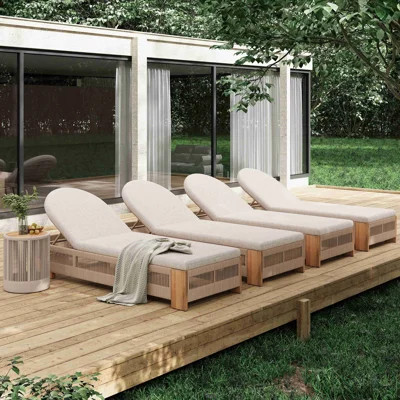 Outdoor Rope Chaise Lounge Set , Patio Lounge Chairs, Outside Poolside Lounge Furniture, Teak Look Wood Side Table And Beige Cushions, Chaise Lounge W | Wayfair North America