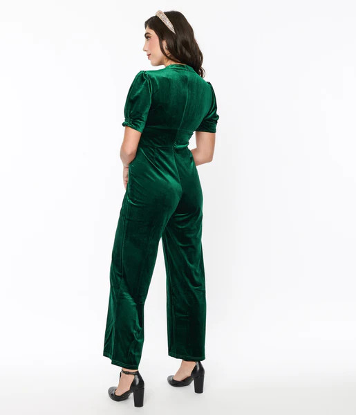 Emerald Green Velvet Jumpsuit | UniqueVintage