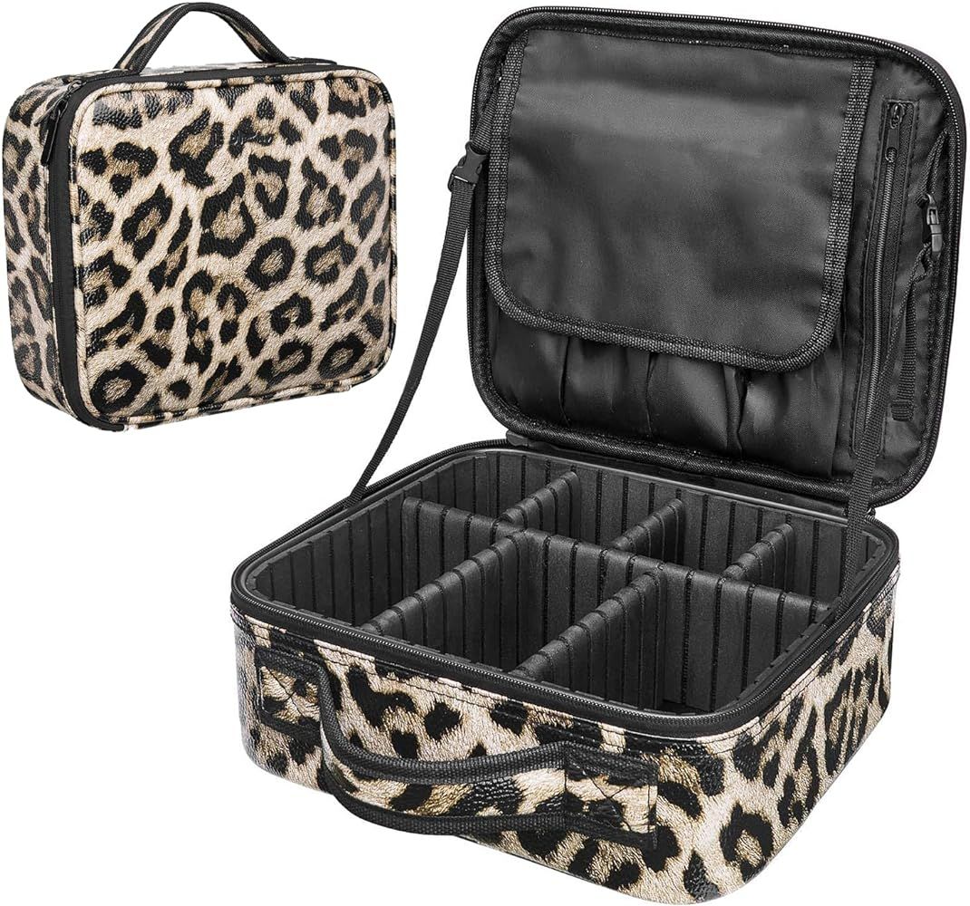 AIMEI Travel Makeup Case,Leopard Makeup Bag,PU Leather Waterproof Cosmetic Bag with Adjustable Divid | Amazon (US)