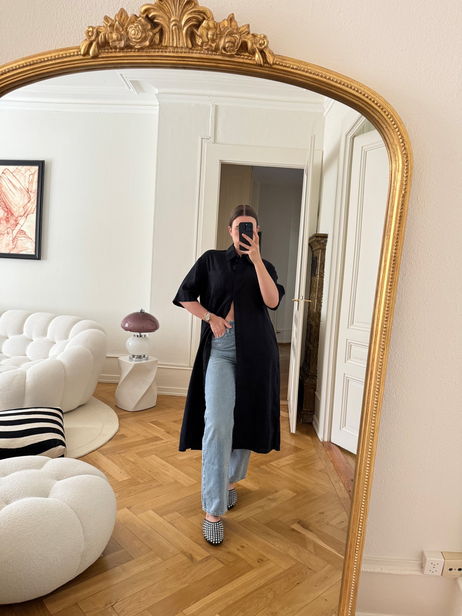 Cos shirt dress
Levi’s Jeans
Alaia studded mules

#LTKootd #LTKOver40 #LTKTall