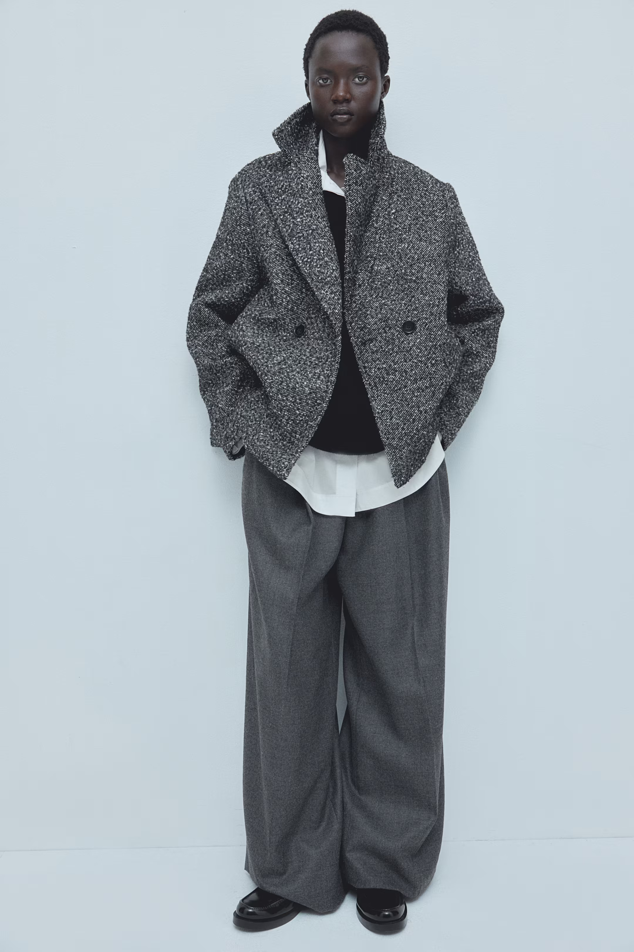 Short Pea Coat - Long sleeve - Regular length - Black melange - Ladies | H&M US | H&M (US + CA)