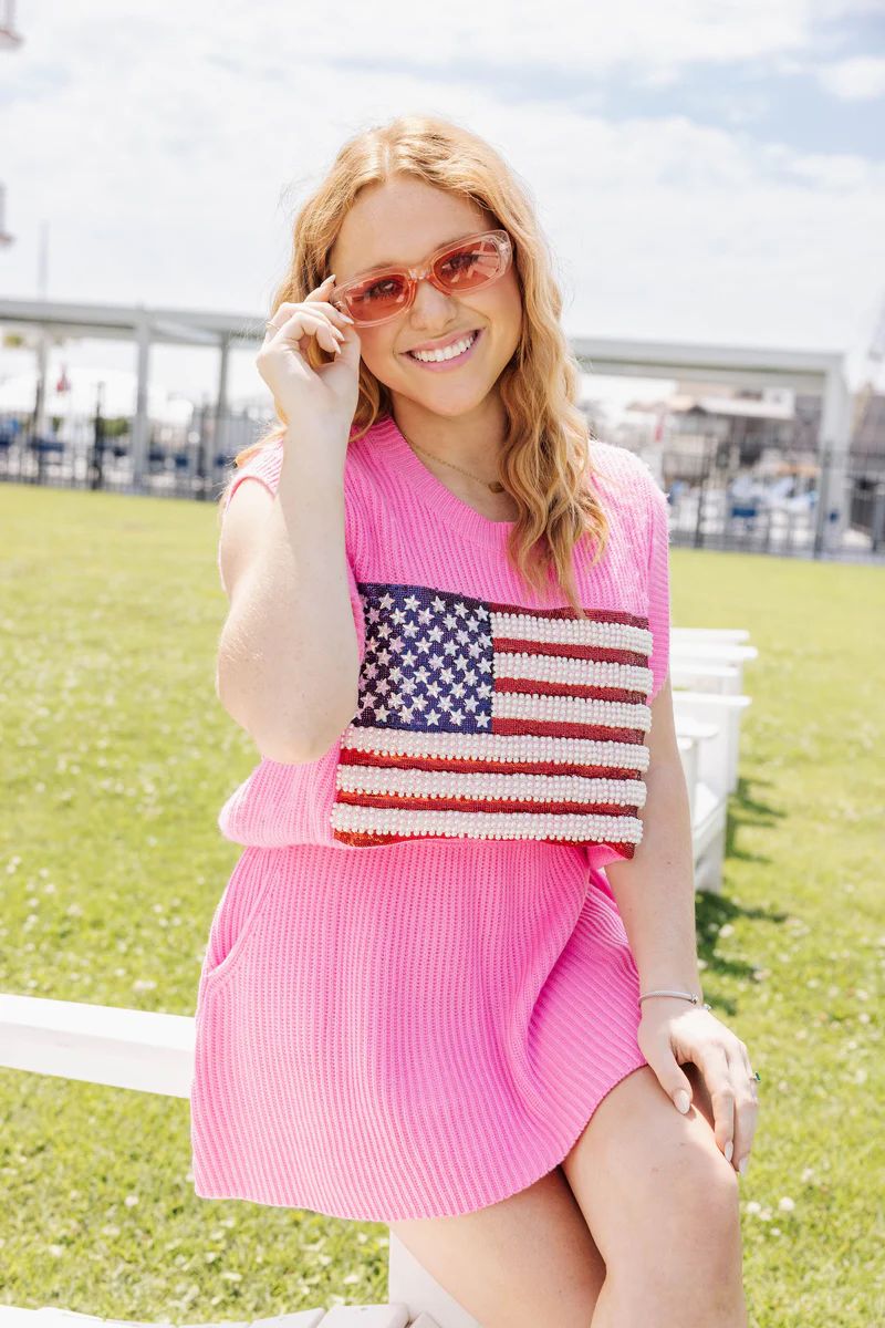 Neon Pink American Flag Sweater Tank | Queen of Sparkles