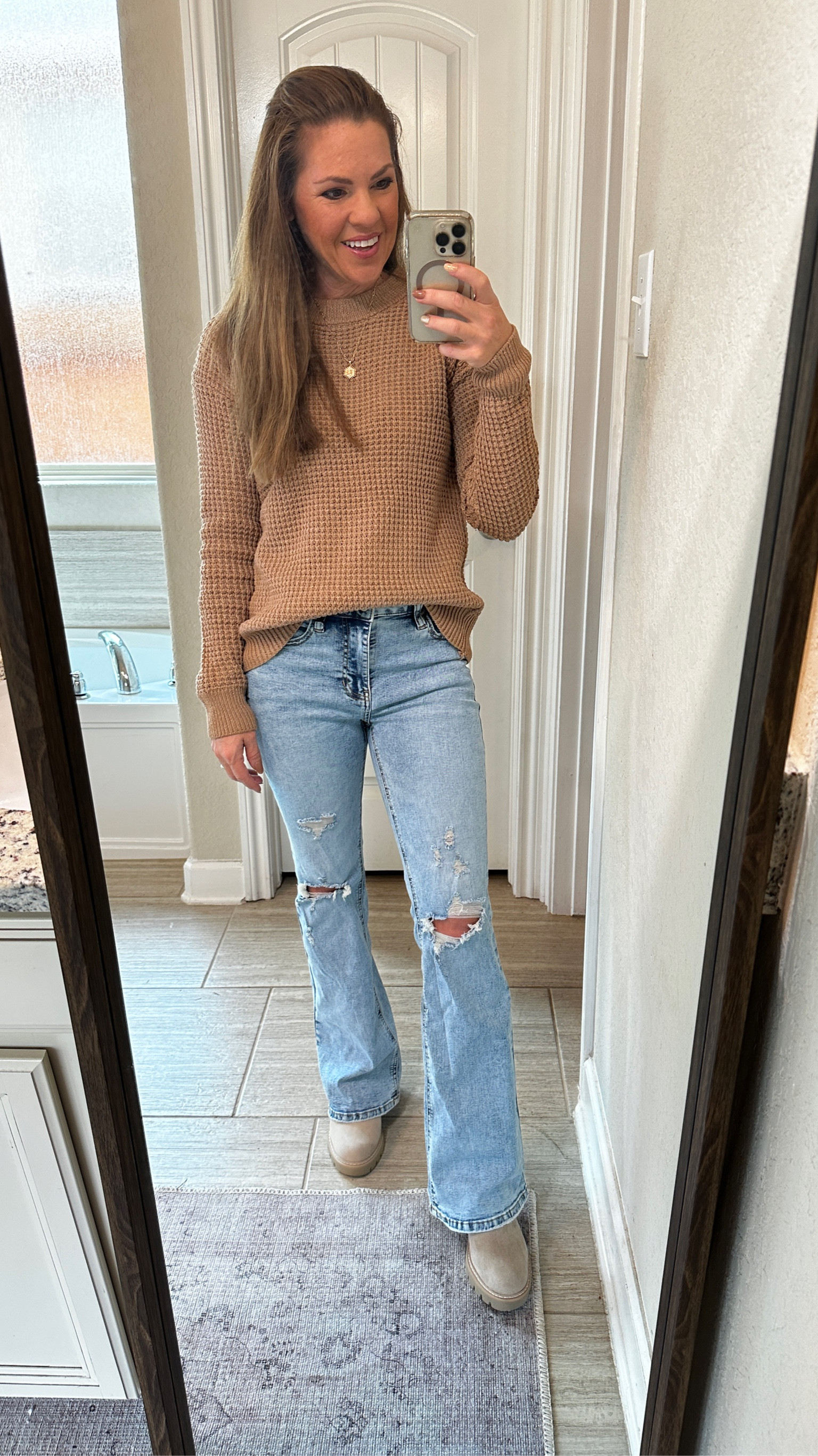 Casual fall outfit inspo🤍🍁. I'm wearing size 5 jeans (3 fits about the same), xs top and boots fit tts. 

Waffle sweater
Walmart
Boots
Fall outfits
Fall fashion
Fall trends
Fall looks
Jeans
Sweater
Neutral colors

#LTKSeasonal #LTKHoliday #LTKfindsunder50