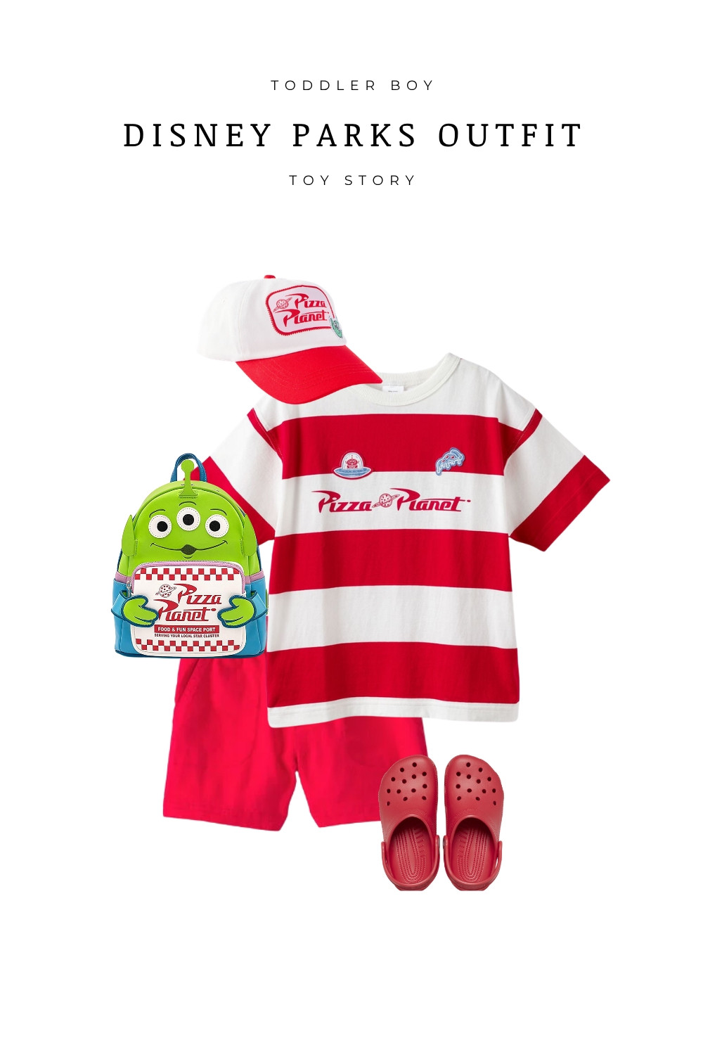 Cute and comfy toddler boy Disney outfit inspired by Toy Story’s Pizza Planet! This red and white striped shirt, matching shorts, Crocs, and alien backpack make the perfect Disney parks outfit for little boys. Ideal for Disneyland or Walt Disney World, this Toy Story outfit is great for summer park days, character meet and greets, and family photos. Save this for your next Disney trip outfit idea!

#LTKootd #LTKKids