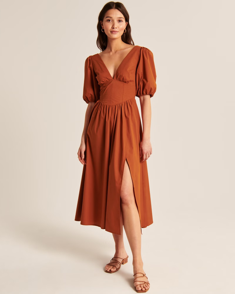 Puff Sleeve V-Neck Maxi Dress Orange Dress Dresses Spring Dress Spring Outfits Pastel | Abercrombie & Fitch (US)